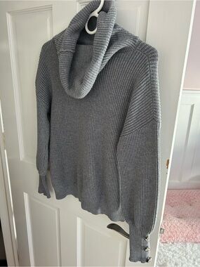 Gray Ribbed Cowl Neck Sweater - Women